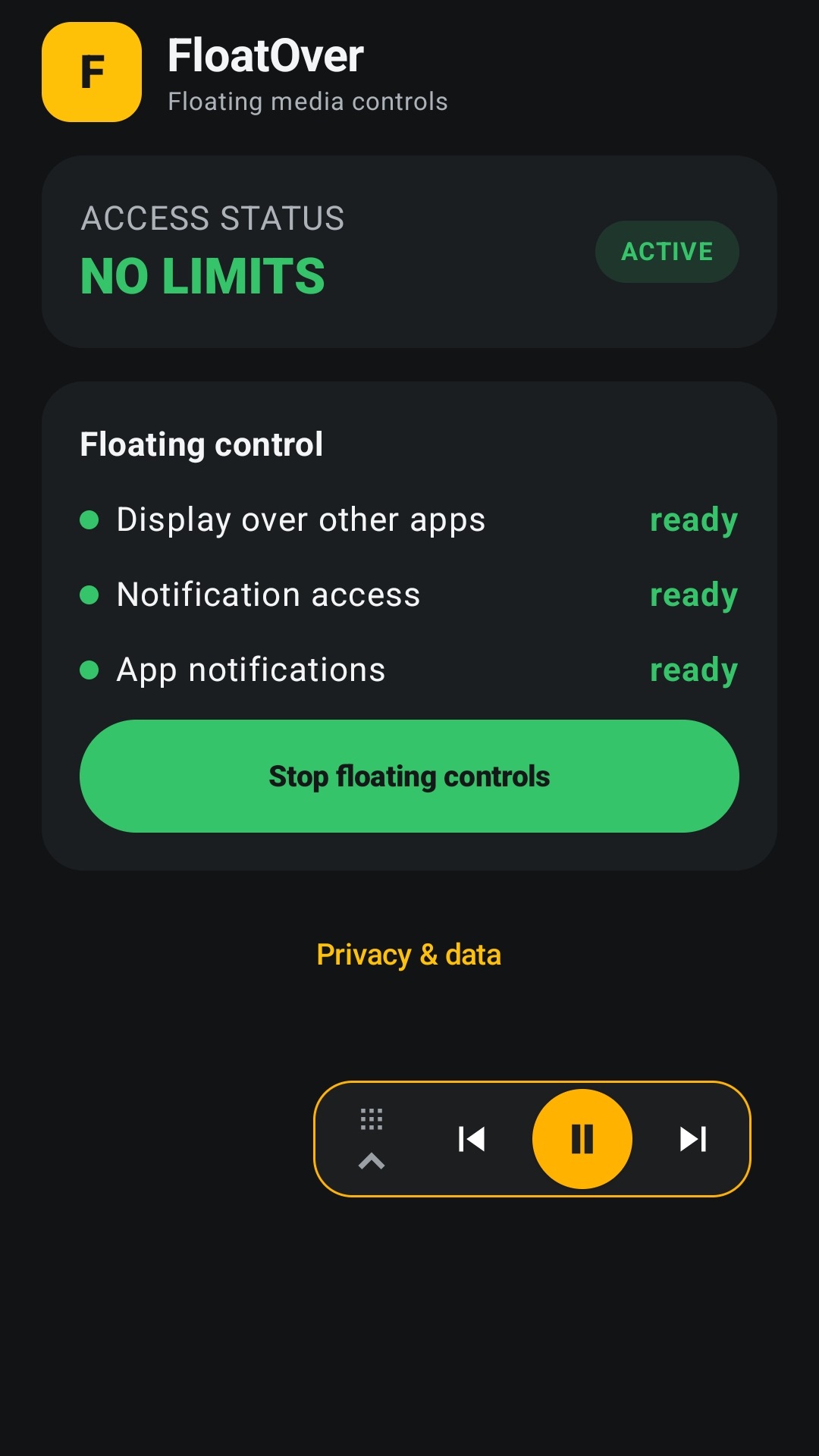 Compact FloatOver music controls above another Android app