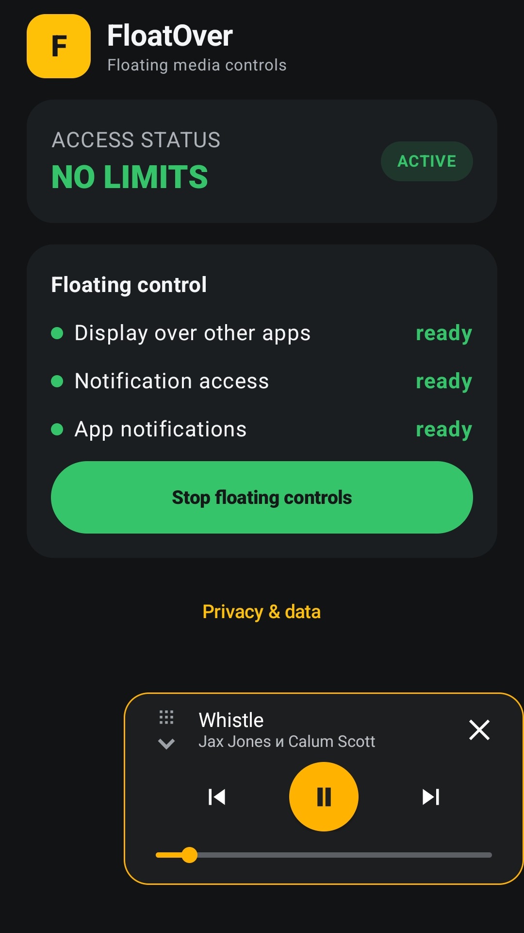 Expanded FloatOver music panel with track information and progress