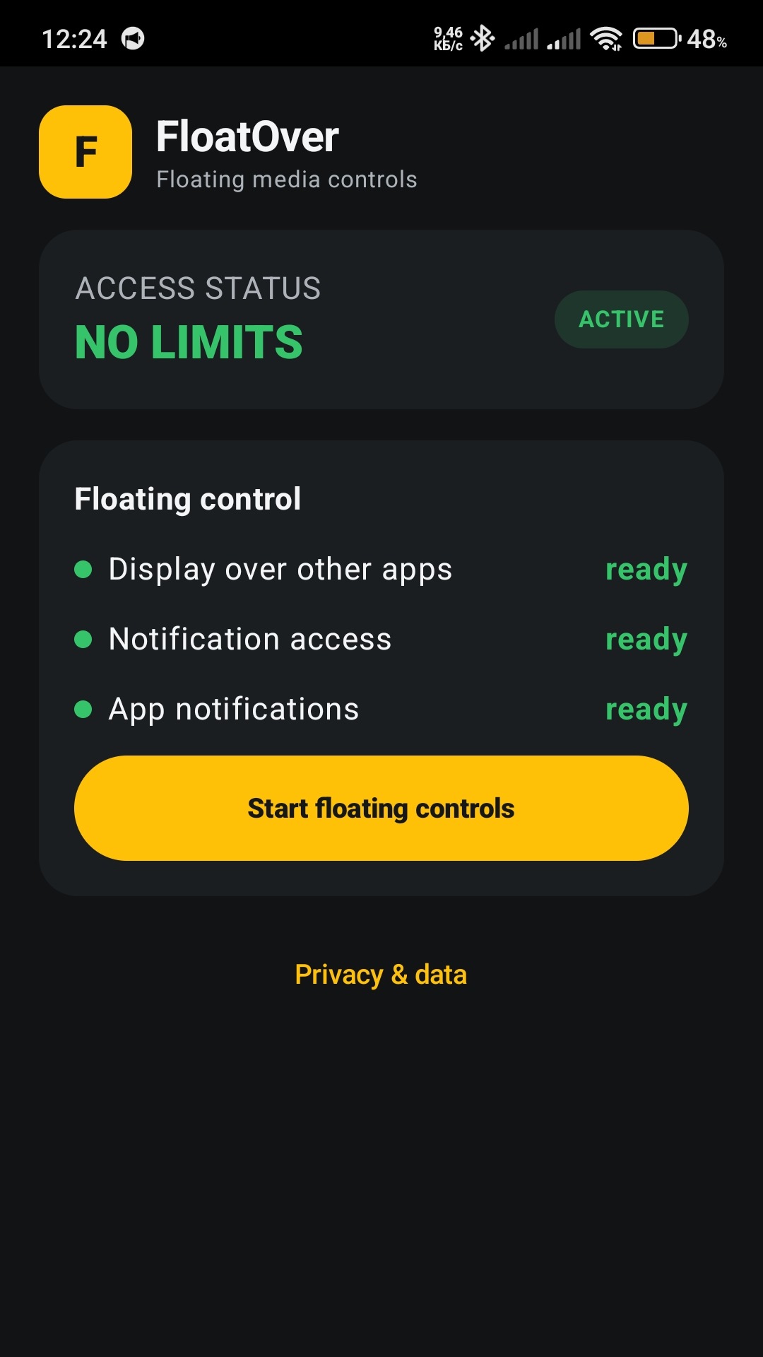 FloatOver Android setup screen